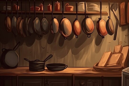 kitchen with hanging pots and pans. Generative AI