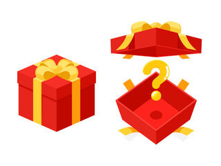 Open and close a mystery Red gift box with a yellow ribbon on isolated white background. Random secret loot box isometric concept. Vector illustration cartoon flat design.
