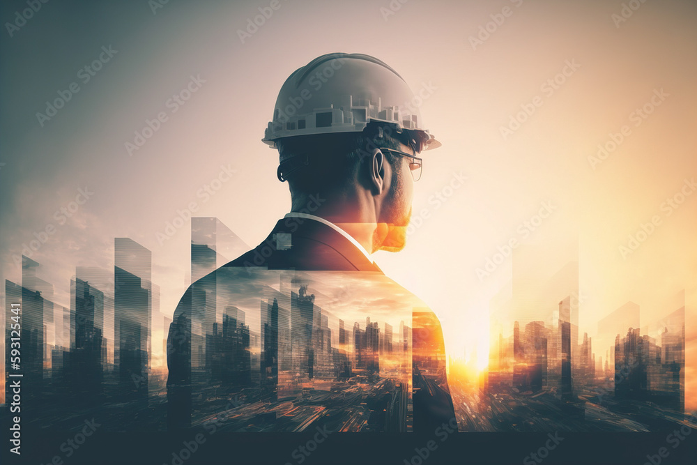 Poster civil engineer portrait as concept for building construct by professional with hardhat helmet engine