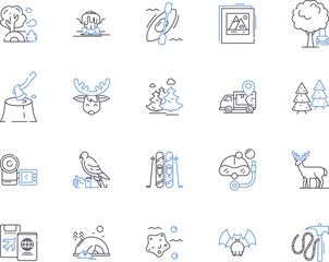 Wildnature trip outline icons collection. Wildnature, trip, hiking, camping, safari, backpacking, bushwalking vector and illustration concept set. trekking, exploring, outdoors linear signs
