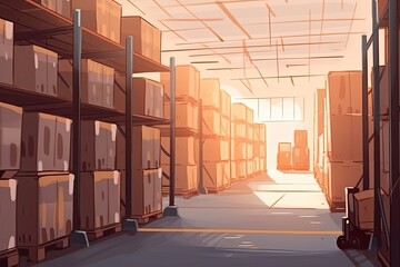 crowded warehouse with piles of cardboard boxes. Generative AI