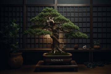 Bonsai Baum auf Regal vor grüner Wand. Generative AI