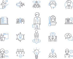 Employee career outline icons collection. Career, Employee, Promotion, Professionalism, Job, Development, Interview vector and illustration concept set. Recruitment, Training, Advancement linear signs