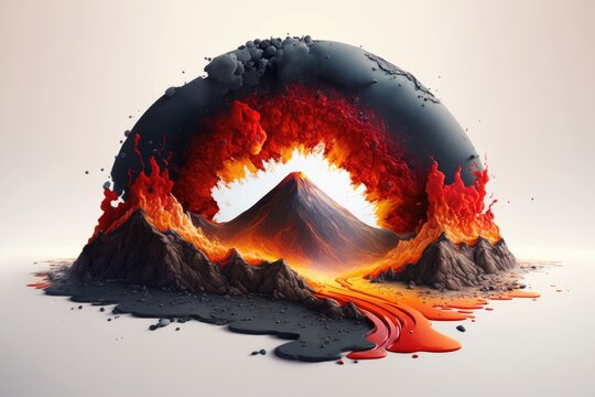 On a white background, a volcano's crater is shown spewing lava. Generative AI