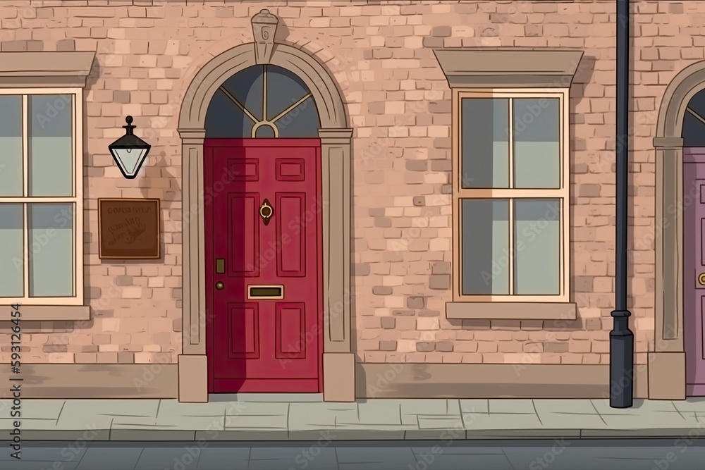 Aufkleber brick building with a red door and two windows. generative ai