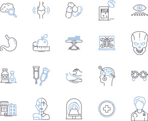 Hospital treatment outline icons collection. Medical, Care, Treatment, Surgery, Hospitalization, Diagnosis, Pain vector and illustration concept set. Relief, Intervention, Procedure linear signs