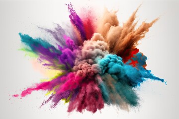 eruption of colored powder against a white background. cloud with color. Bright dust explodes. Color Holi. Generative AI