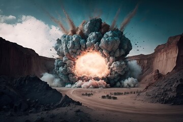 explosive explosion at a quarry mine with open pit mining. Generative AI - obrazy, fototapety, plakaty