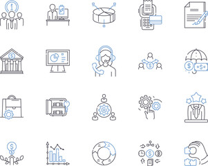 Finance industry outline icons collection. Banking, Savings, Loans, Insurance, Credit, Investment, Stocks vector and illustration concept set. Budgeting, Interest, Rates linear signs