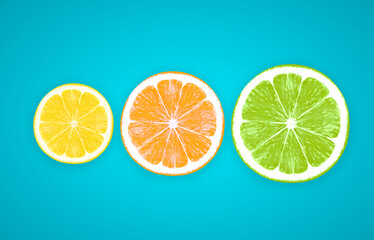 Vibrant citrus slices on blue background, fruits with different colors