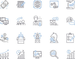 Business evaluation outline icons collection. Business, Evaluation, Rating, Analysis, Assess, Measure, Investigate vector and illustration concept set. Review, Examine, Appraise linear signs