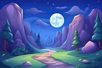 serene night landscape with mountains and trees. Generative AI