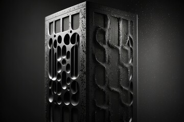 For the background, use an abstract black metallic mesh texture design. industrial setting the musical column's speaker. Copy space. Generative AI