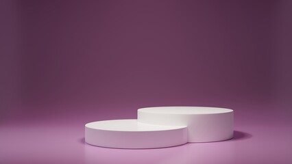White empty podium or pedestal for product presentation on two floors, showcase of beauty and cosmetics product. Round mockup platform on violet background. 3d rendering