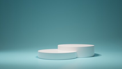 White empty podium or pedestal for product presentation on two floors, showcase of beauty and cosmetics product. Round mockup platform on blue background. 3d rendering