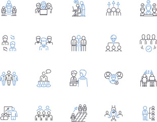 Group people outline icons collection. Group, People, Collective, Organization, Congregation, Community, Clique vector and illustration concept set. Assembly, Alliance, Mob linear signs