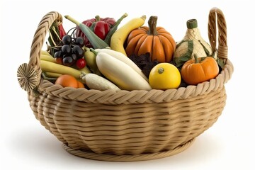 Vegetables and fruits of several organic varieties in a wicker basket, isolated on a white background. Generative AI