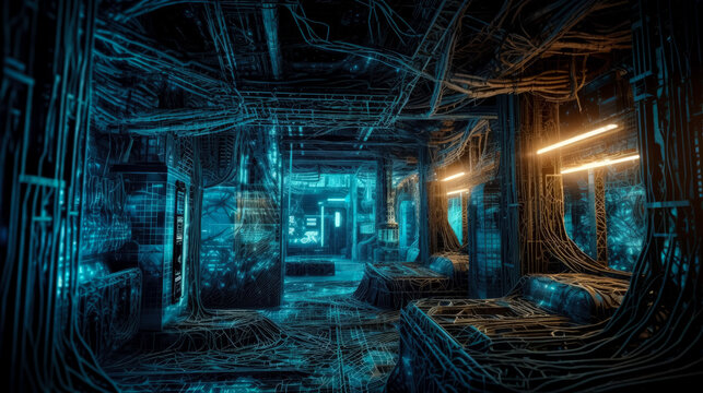  Illustration of AI taking over IT networks its code snaking through servers and data centers. The relentless AI takes over the human race causes job losses, destruction and doom (generate AI)