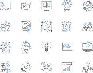 Social media management outline icons collection. Social, Media, Management, Networking, Monitoring, Scheduling, Engagement vector and illustration concept set. Content, Posting, Strategy linear signs