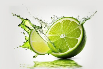 Slice of a fresh lime with splash of water isolated on white backdrop. Generative AI