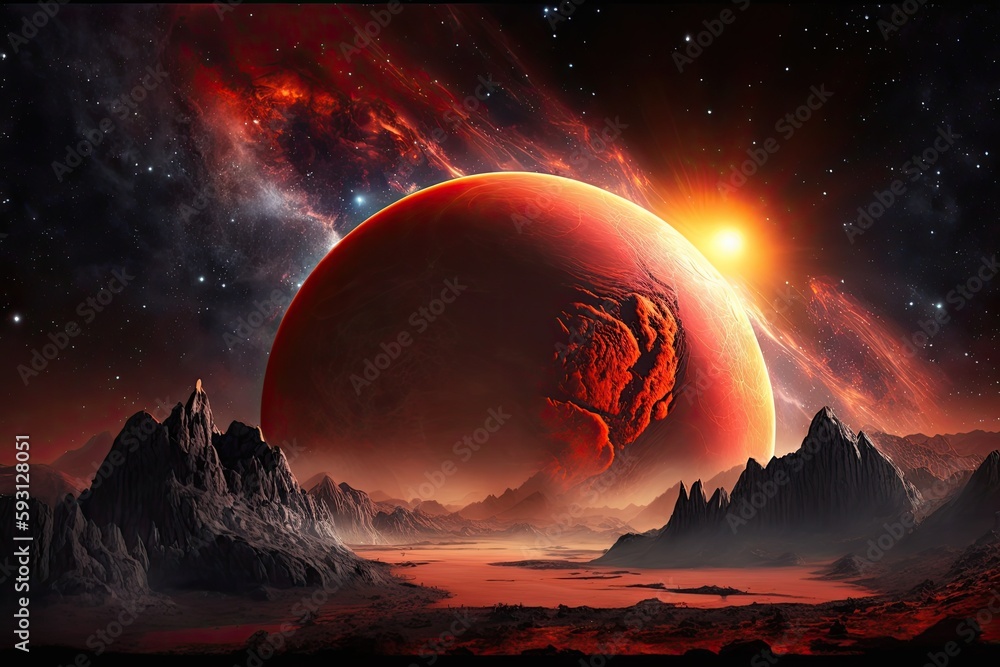 Wall mural planetary red star. a terrestrial planet in red dwarf orbit. landscape in space. generative ai