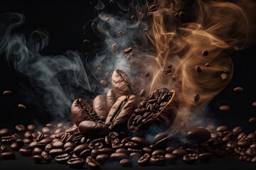 roast coffee beans. coffee beans that have just been smoked. close up of coffee beans with smoke, highlighting the grain. Generative AI