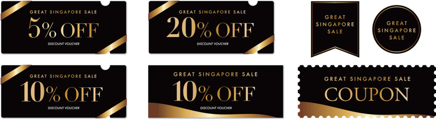 グレートシンガポールセールに使える黒と金のクーポンベクターアイコンセット