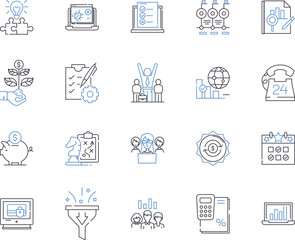 Social innovation outline icons collection. Social, Innovation, Entrepreneurship, Community, Change, Technology, Problem vector and illustration concept set. Solution, Impact, Society linear signs