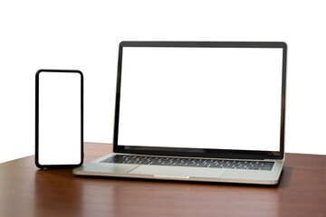 Blank screen notebook, laptop and mobile phone on isolated wooden table background with clipping path. Front view.