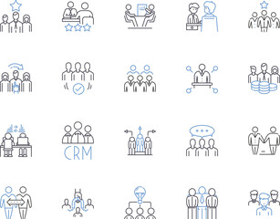 Management meeting outline icons collection. Management, Meeting, Agenda, Team, Review, Motivate, Assign vector and illustration concept set. Discuss, Organize, Plan linear signs