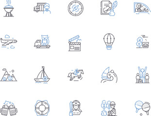 Budget travel outline icons collection. Cheap, Budget, Affordable, Frugal, Economic, Thrifty, Low-cost vector and illustration concept set. Discounted, Sightseeing, Touring linear signs