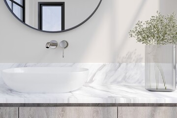 3D rendering  of  white marble  counter top with wash basin, faucet and mirror in  bathroom.