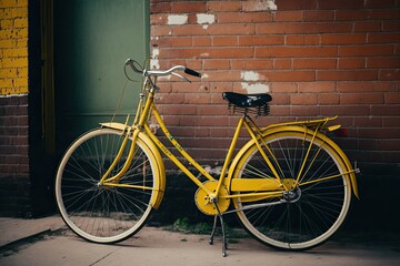 A vintage retro antique yellow bike was seen on the street. Generative AI