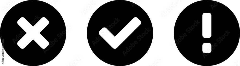 Poster black and white yes or ok and no or declined and problem or warning flat icon set with check mark x 
