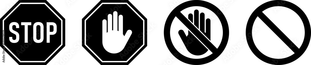 Poster icon set of black and white stop sign and stop hand adblock octagonal symbol. vector image.
