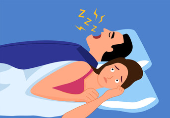 Snoring husband annoying wife with loud noise in bedroom vector illustration. Snore health problem.