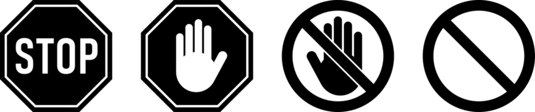 Icon Set of Black and White Stop Sign and Stop Hand Adblock Octagonal Symbol. Vector Image.	

