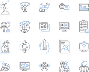 Company development outline icons collection. Growth, Expansion, Investment, Profitability, Efficiency, Strategy, Optimization vector and illustration concept set. Succession, Innovation, Productivity