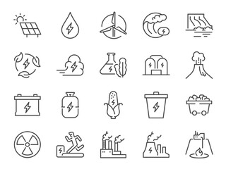 Energy types icon set. It included solar power, wind energy, coal, gas, electricity, and more icons.