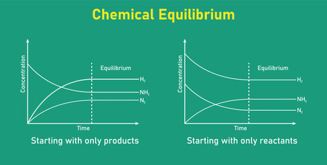 Fototapeta premium State of chemical equilibrium in reaction. Time concentration graph. Vector illustration isolated on chalkboard.