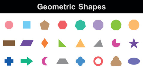 Set of 2D geometric shapes in math. Circle, square, pentagon, hexagon, heptagon, octagon,decagon, parallelogram, kite, triangle, pic, crescent, arrow, heart, quatrefoil, ring, star, cross and trefoil.