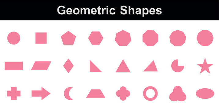 Set of 2D geometric shapes in math. Circle, square, pentagon, hexagon, heptagon, octagon,decagon, parallelogram, kite, triangle, pic, crescent, arrow, heart, quatrefoil, ring, star, cross and trefoil