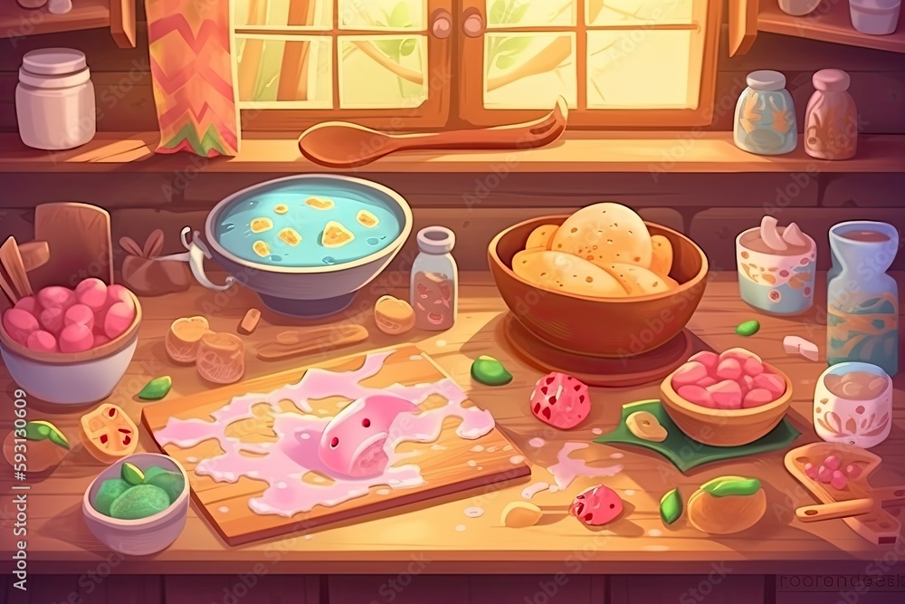 Poster wooden table filled with an array of colorful and delicious food bowls. generative ai