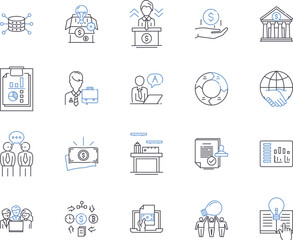Financial reporting and auditing outline icons collection. Accounting, Auditing, Financials, Statement, Reporting, Analysis, Oversight vector and illustration concept set. Compliance, Disclosure, Gaap