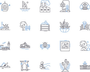 City parks outline icons collection. Urban, Parks, Outdoor, Public, Trails, Gardens, Recreation vector and illustration concept set. Playgrounds, Amenities, Trees linear signs