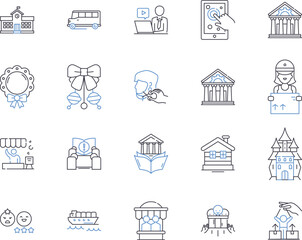 City delivery outline icons collection. Urban, Delivery, City, Dispatch, Shipment, Courier, Postal vector and illustration concept set. Freight, Logistics, Fleet linear signs
