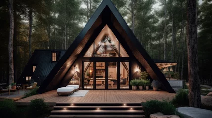 Poster A-frame cabin with large windows against backdrop of mountains. Generative AI © NorLife
