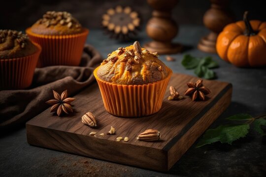 walnut topped pumpkin muffins or cupcakes on a wooden board. seasonal spicy bakery Veggie dessert that is healthy. selective attention. Generative AI