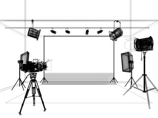  photo studio with lighting and movie camera. 3D rendering  wire-frame