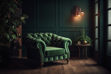 luxury living room with a green armchair on a dark green wall, Generative AI